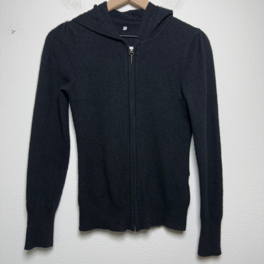 AvaCashmere Women 100% Cashmere Full Zip Sweater Large Black Luxury Minimalist